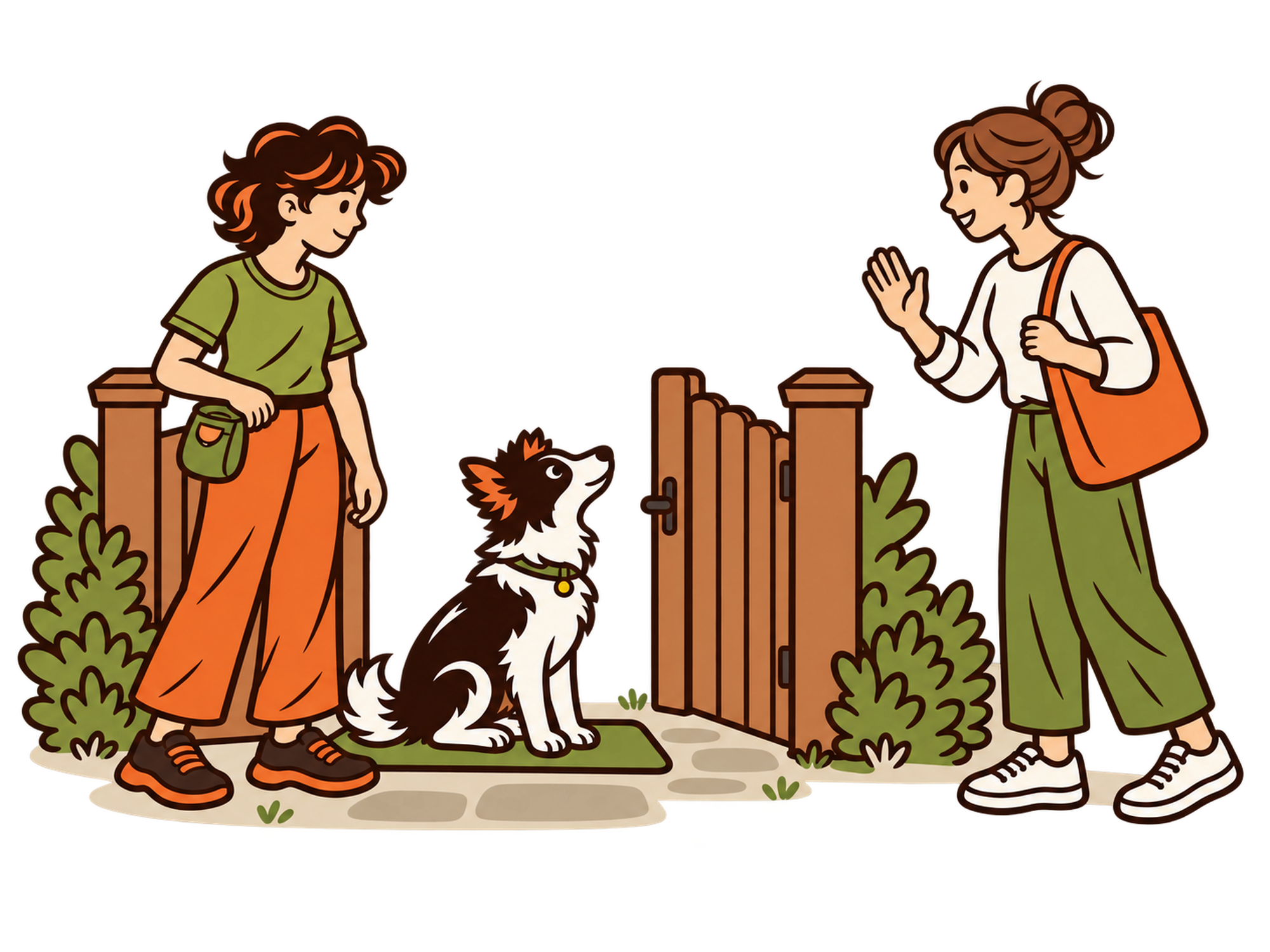 A dog practising a calm greeting with its handler and another person.